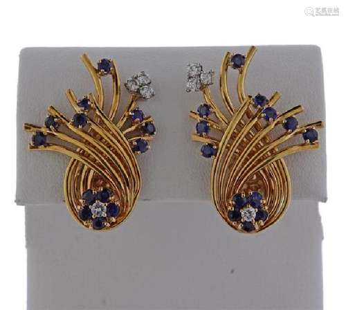 1960s 14k Gold Diamond Sapphire Earrings