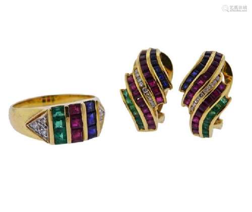 18k Gold Diamond Ruby Sapphire Emerald Earrings Ring