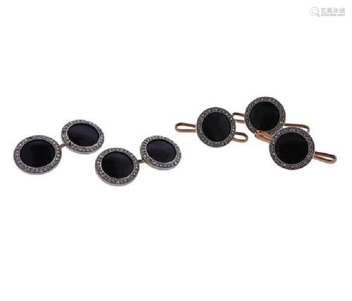 Art Deco Platinum Gold Onyx Diamond Cufflinks Studs Set