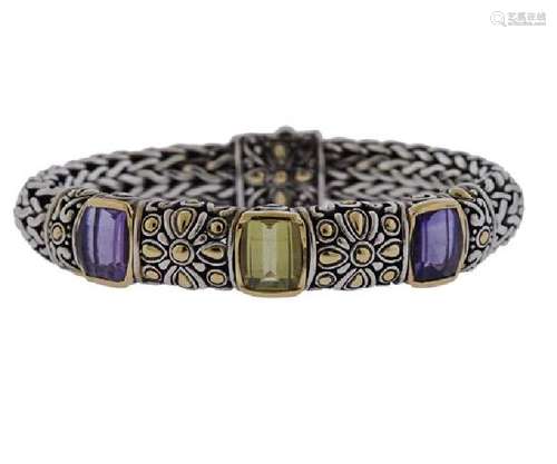 John Hardy 18K Gold Silver Colored Stone Bracelet