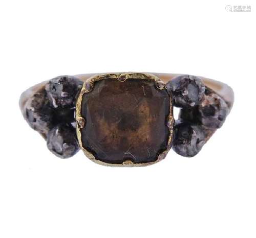 Antique 18K Gold Silver Diamond Orange Stone Ring