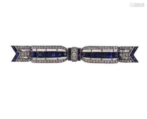 Platinum 18K Gold Diamond Sapphire Bow Brooch