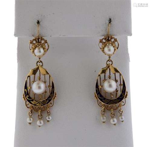 14k Gold Enamel Pearl Dangle Earrings