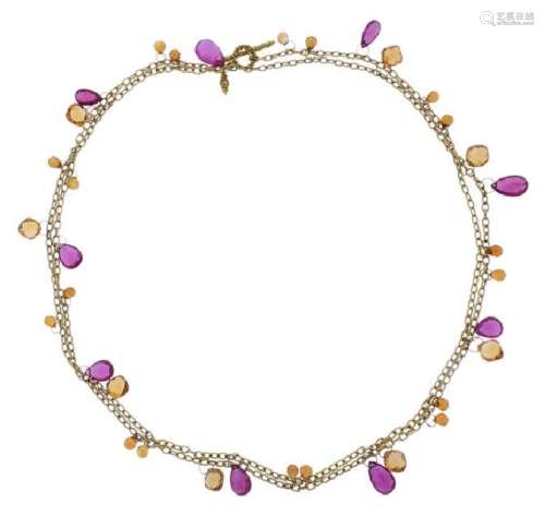 18K Gold Pink Orange Stone Long Toggle Necklace