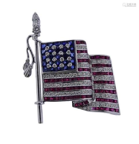 18K Gold Diamond Blue Red Stone American Flag Brooch