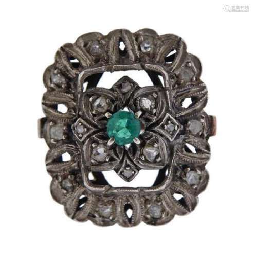 Antique 10K Gold Silver Diamond Emerald Ring