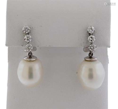 18K Gold Diamond Pearl Drop Earrings