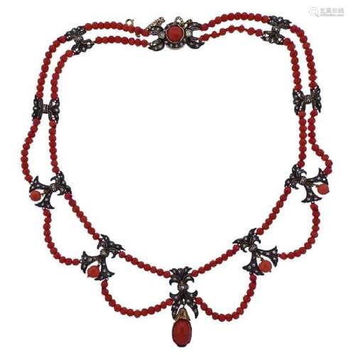 18K Gold Silver Diamond Red Stone Necklace