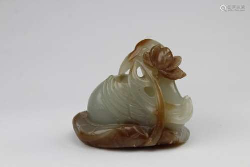 Celadon & Brown Jade Carving of Bird on Lilly Pad