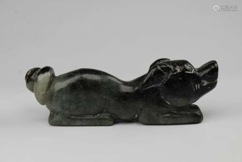 Vintage Chinese Carved Black & Green Jade Dog