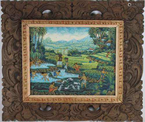 Vintage Indonesian Painting in Carved Frame