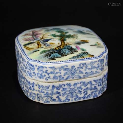 A BLUE AND WHITE FAMILLE ROSE INK BOX