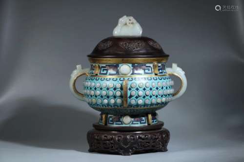 A CLOISONNE INLAID JADE CENSER