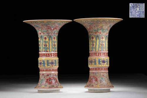 A PAIR OF PAINTED ENAMEL BEAKER VASE, QIANLONG MAR