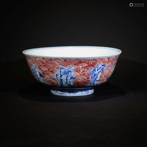 A BLUE AND WHITE COPPER RED BOWL