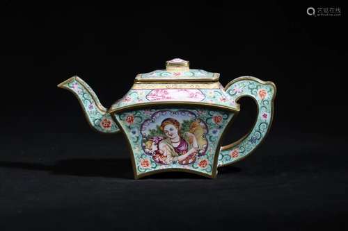 A PAINTED ENAMEL BRONZE TEA POT