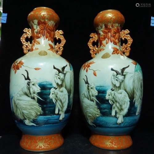 An Extremely Rare Coral Red and Famille Rose Porcelain Vases