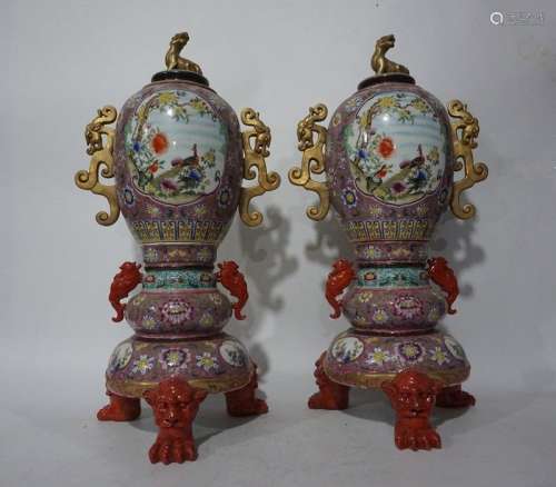 A Pair of Famille Rose Porcelain Burners