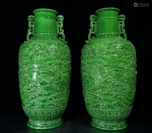 A Pair of Extremely Rare Green Ground Porcelain Vases