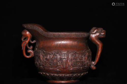 17-19TH CENTURY, A BEAST DESIGN DOUBLE-EAR BAMBOO CUP, QING DYNASTY