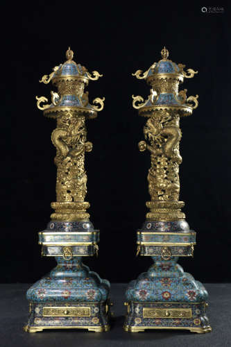 A PAIR OF OLD TIBETAN CLOISONNE INCENSE BURNERS