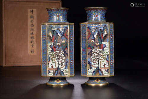 17-19TH CENTURY, A PAIR OF LANDSCAPE PATTERN CLOISONNE VASES, QING DYNASTY