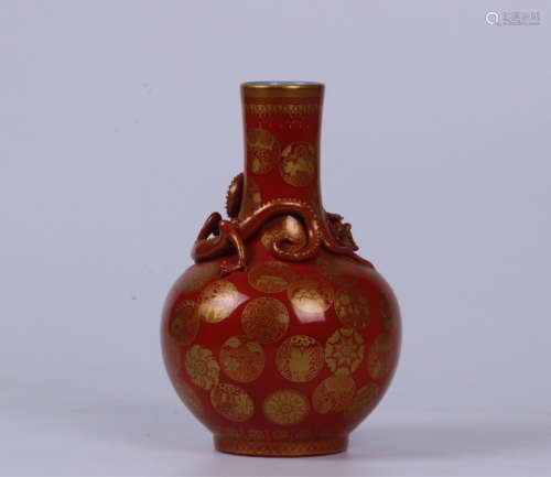 A DRAGON DESIGN RED GLAZED GLOBULAR VASE