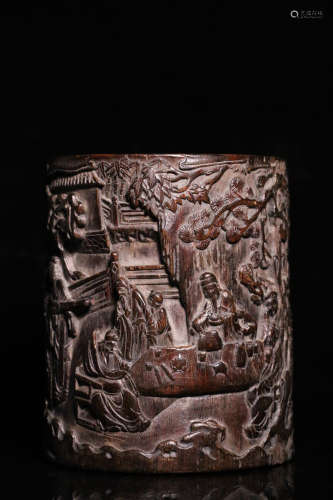 17-19TH CENTURY, A STORY DESIGN AGILAWOOD BRUSH POT, QING DYNASTY