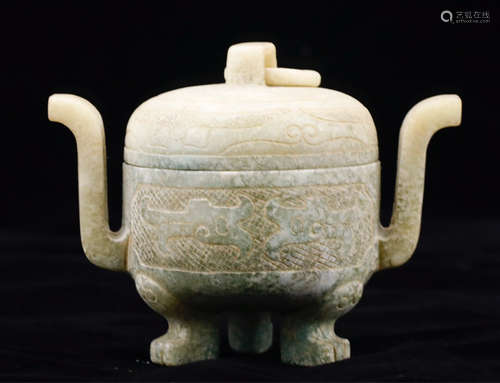 206BC-220AD, A DOUBLE-EAR ANCIENT JADE VESSEL, HAN DYNASTY