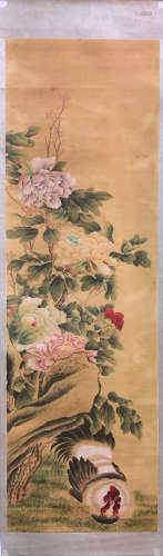 17-19TH CENTURY, UNKOWN <PEONY & CHICKEN> PAINTING, QING DYNASTY