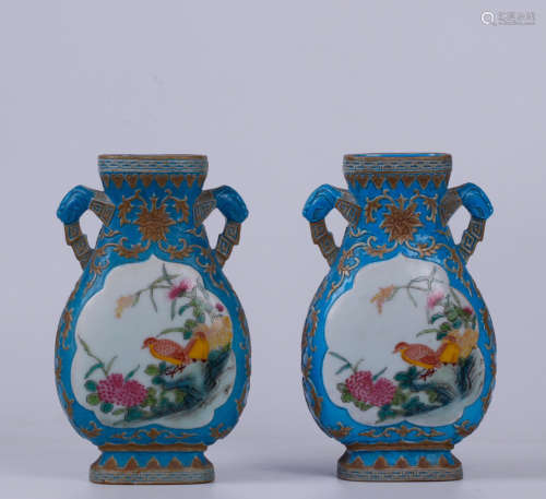 A PAIR OF FALANG GLAZED DOUBLE-EAR FLAT BOTTLES