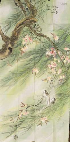 A CHINESE PAINTING OF A YARD OF FLOWERS