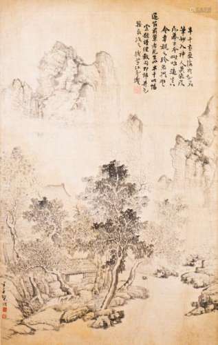 A FRAMED SILK PAINTING OF LANDSCAPE MOTIF, AFTER XI