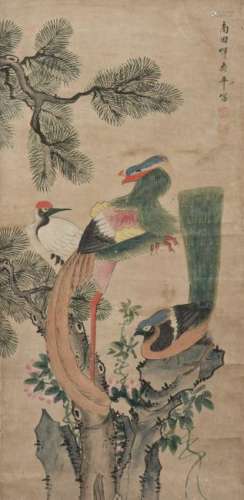 A CHINESE SCROLL PAINTING OF AVIAN MOTIF