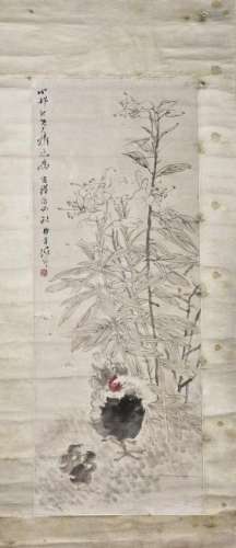 A CHINESE SCROLL PAINTING OF HEN