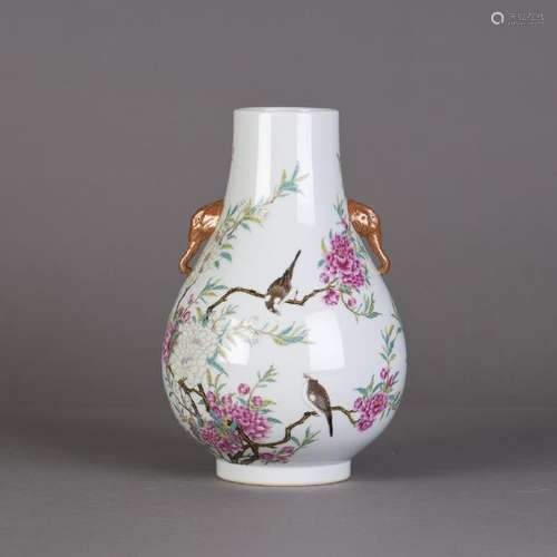 A FAMILLE ROSE 'BIRD AND FLOWER' VASE