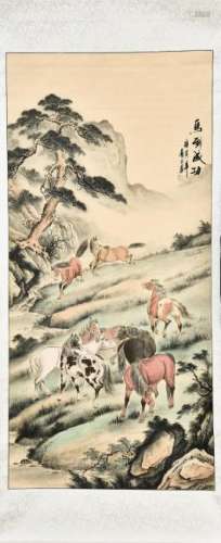 A CHINESE SCROLL PAINTING OF HORSES