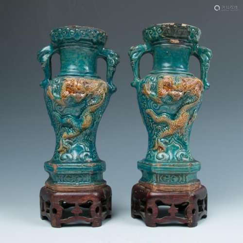 PAIR OF YELLOW AND BLUE GLAZE VASE