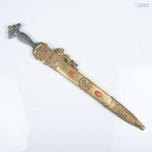 A TURQUOISE AND CORAL INLAID SWORD