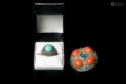 SET OF CORAL BROOCH AND TURQUOISE RING