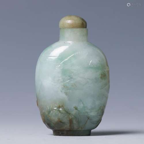 JADEITE STONE SCENIC CARVED SNUFF BOTTLE, QING
