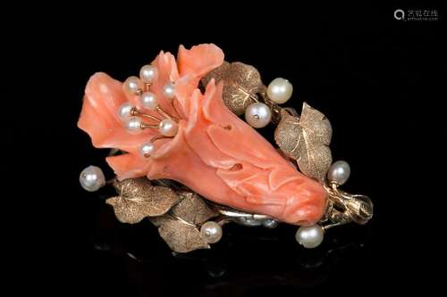 CORAL AND PEARL BROOCH