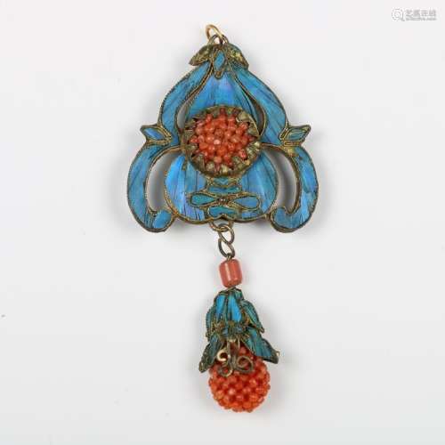 KINGFISHER FEATHER,ORANGE CORAL BEAD PENDANT,QING