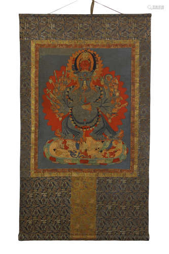 TIBETAN EMBROIDERY THANGKA OF YAMANTAKA