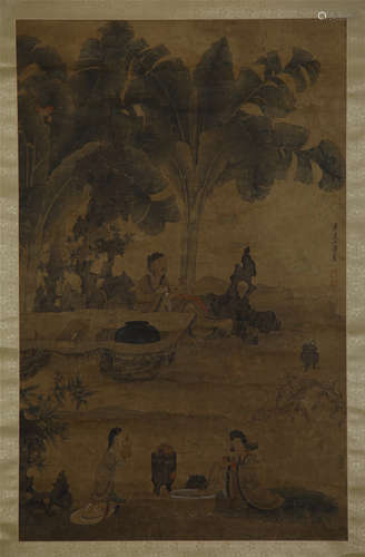 CHINESE SCROLL PAINTING OF FIGURES UNDER TREE