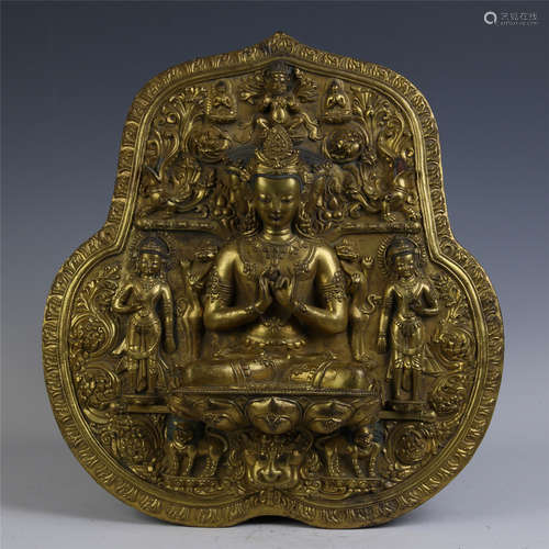 CHINESE GILT BRONZE BUDDHIST PLAQUE OF SEATED SAYKAMUNI