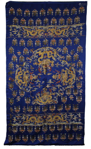 CHINESE EMBROIDERY BLUE GROUND DRAGON TRAPESTY
