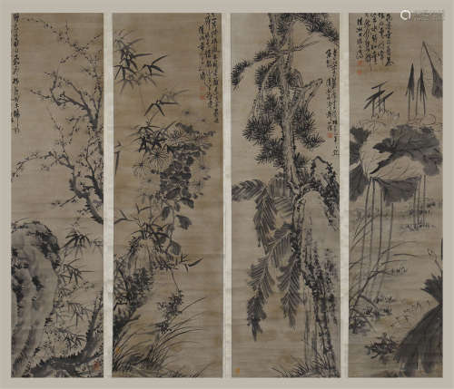 FOUR PANEL OF CHINESE SCROLL PAINTING OF ROCK AND FLOWER