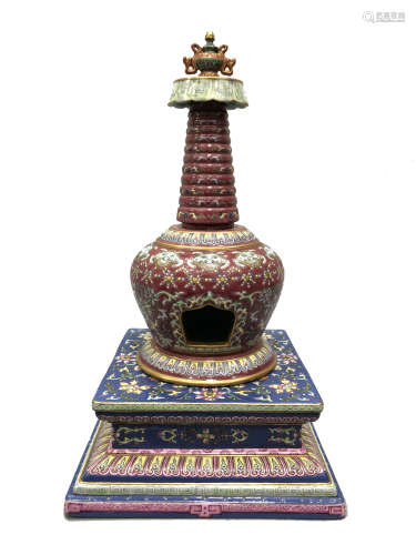 CHINESE PORCELAIN FAMILLE ROSE BUDDHIST NICHE TOWER