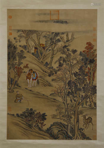 CHINESE SCROLL PAINTING OF HUNTING IN WOOD